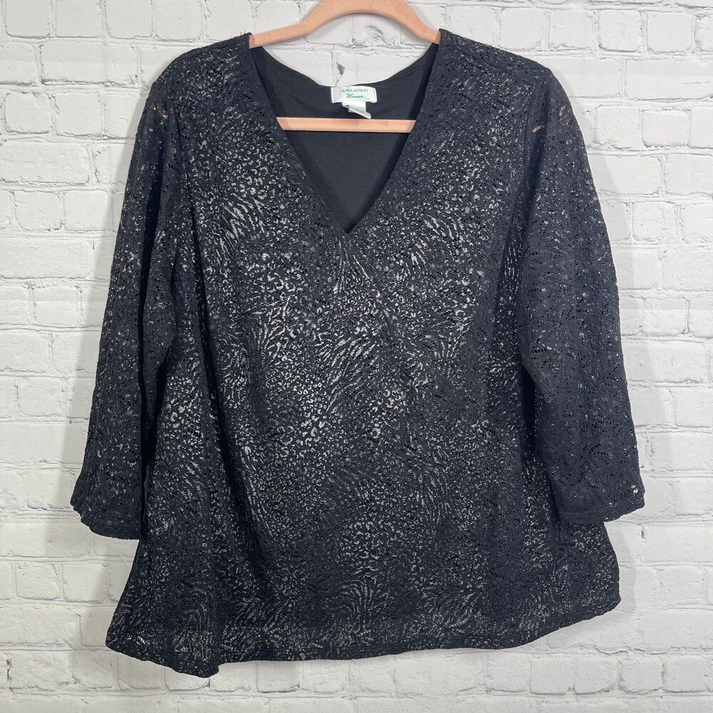 Laura Ashley  Tunic Womens Plus 2X Black Stretch V Nech Gothic Boho Abstract Top